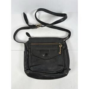 Fossil Original VTG 75082 1980s Black Leather Messenger Crossbody Key A+29